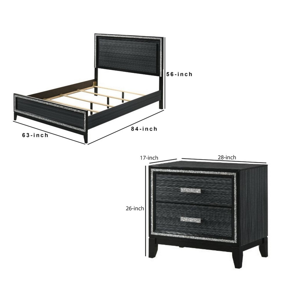 Queen Size Bedroom Set, Black Finish, 2-Piece Set with Bed and Nightstand