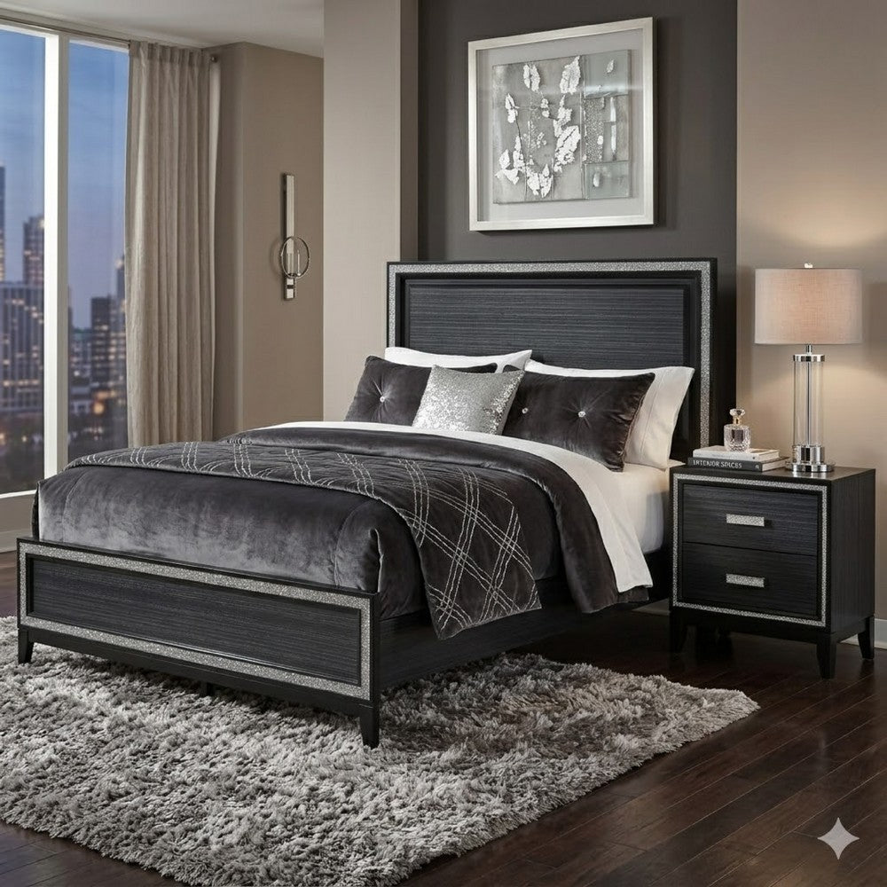 Queen Size Bedroom Set, Black Finish, 2-Piece Set with Bed and Nightstand