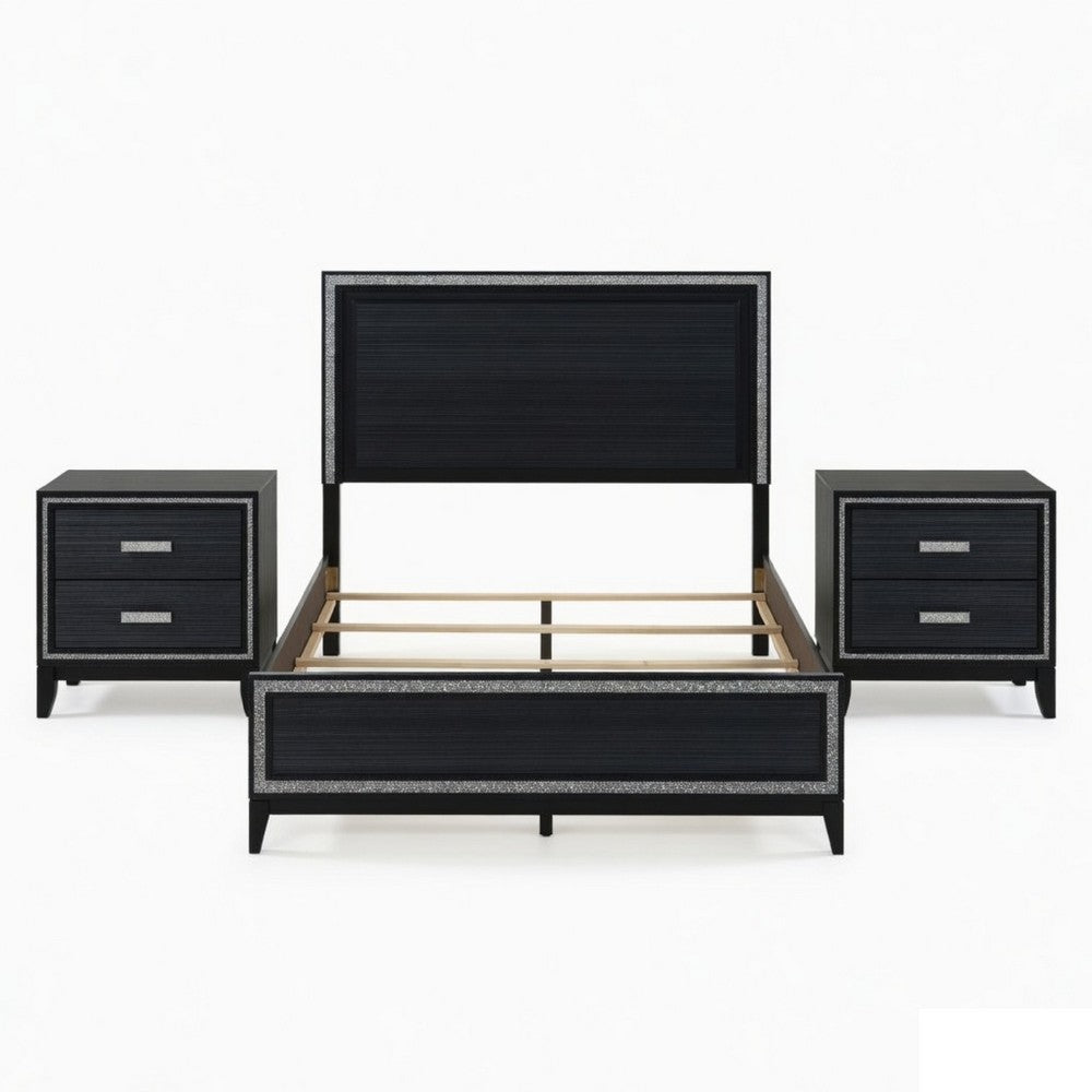 Queen Size Bedroom Set, Black Finish, 3-Piece Set with Bed and Two Nightstands