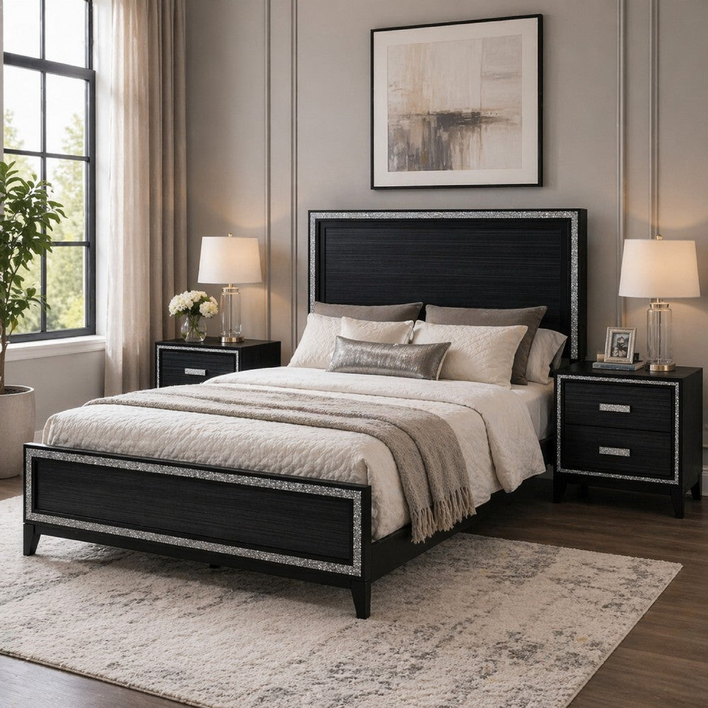 Queen Size Bedroom Set, Black Finish, 3-Piece Set with Bed and Two Nightstands
