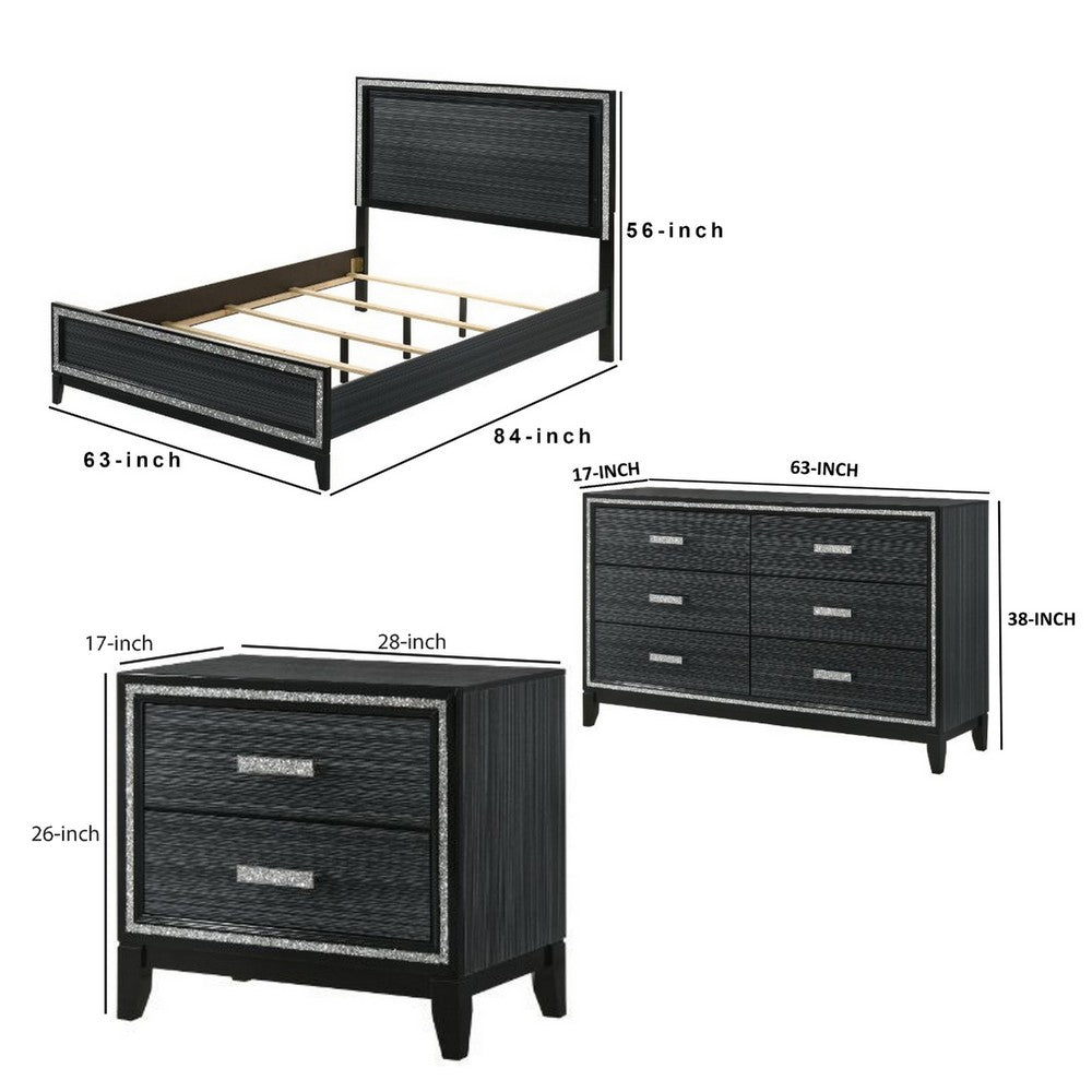 Queen Size Bedroom Set, Black Finish, 4-Piece Set with Bed, 2 Nightstands and Dresser