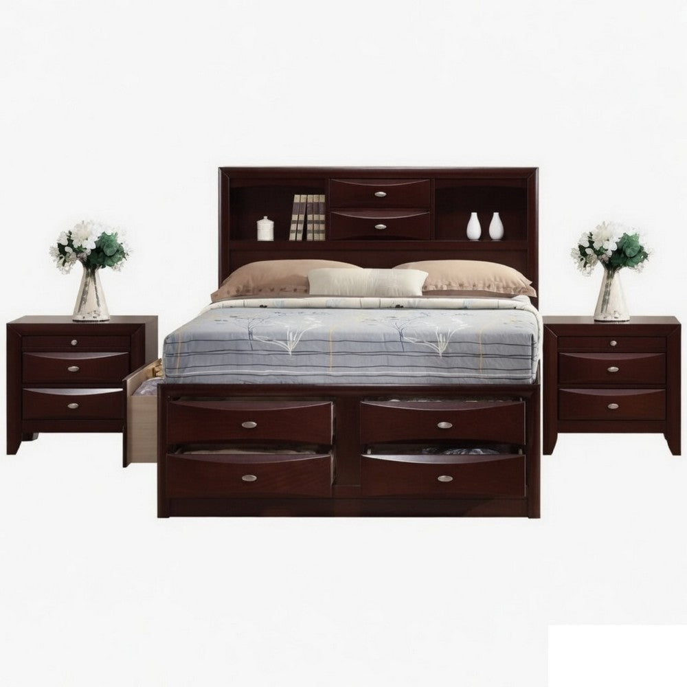 Queen Size Bedroom Set, Brown Finish, Panel Design, 3-Piece Set with Bed and Two Nightstands