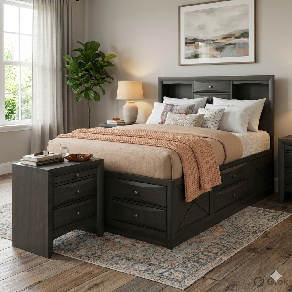 Queen Size Bedroom Set, Gray Finish, Storage Bed with Drawers, 2-Piece Set with Bed and Nightstand