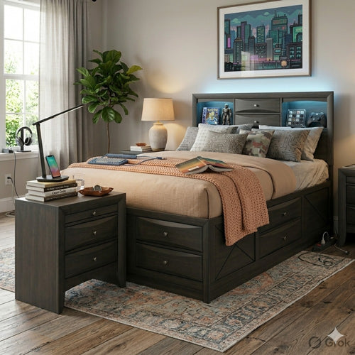 Queen Size Bedroom Set, Gray Finish, Storage Bed with Drawers, 2-Piece Set with Bed and Nightstand