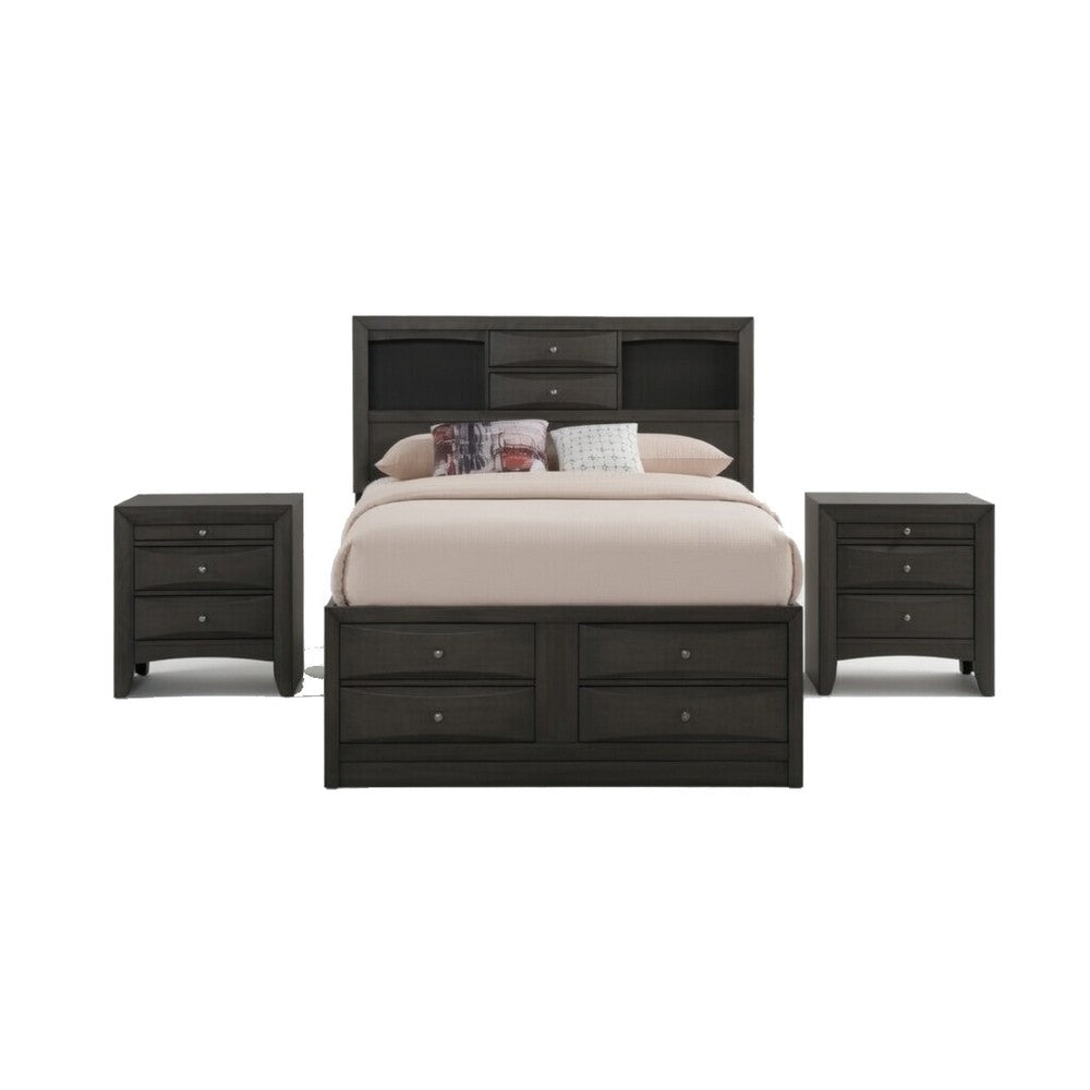 Queen Size Bedroom Set, Gray Finish, Storage Bed with Drawers, 3-Piece Set with Bed and Two Nightstands
