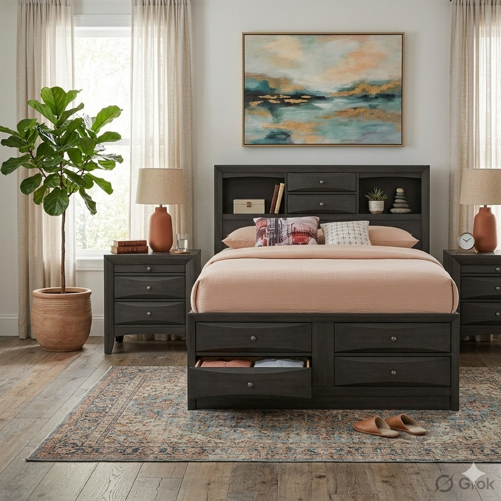 Queen Size Bedroom Set, Gray Finish, Storage Bed with Drawers, 3-Piece Set with Bed and Two Nightstands
