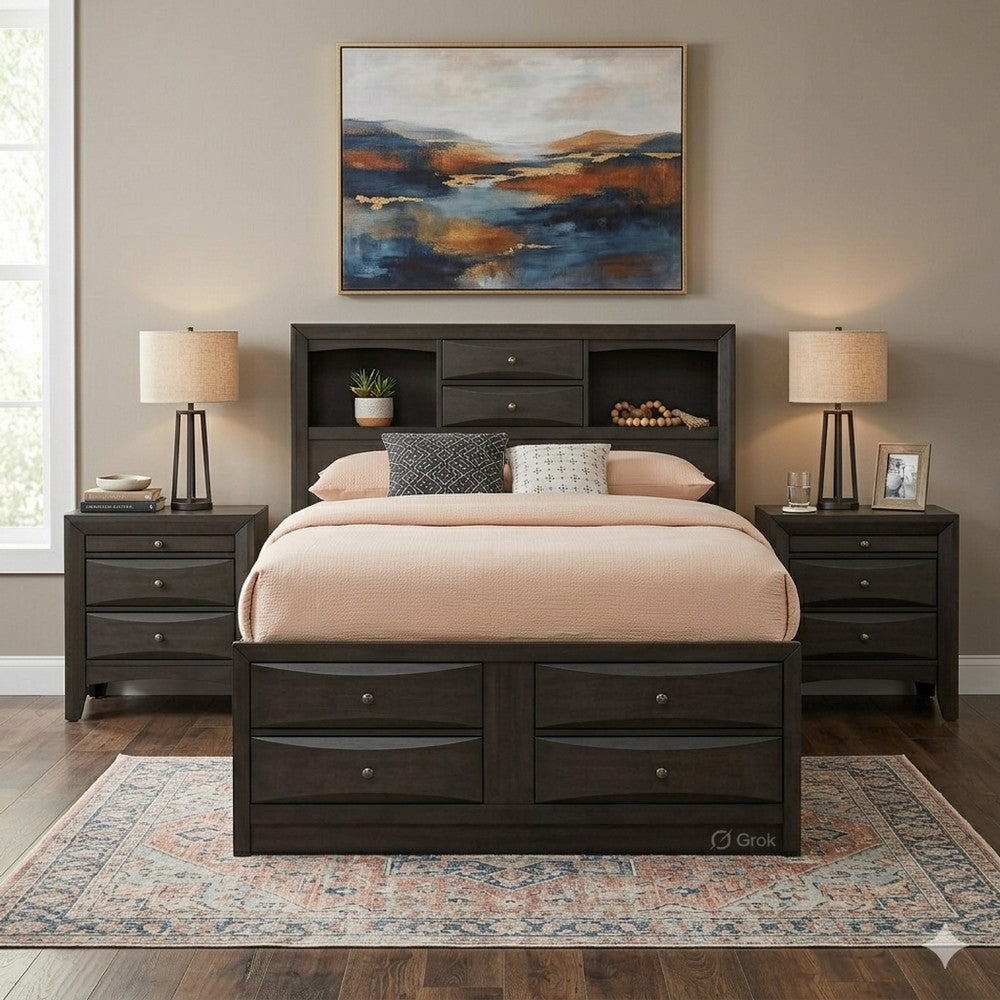 Queen Size Bedroom Set, Gray Finish, Storage Bed with Drawers, 3-Piece Set with Bed and Two Nightstands