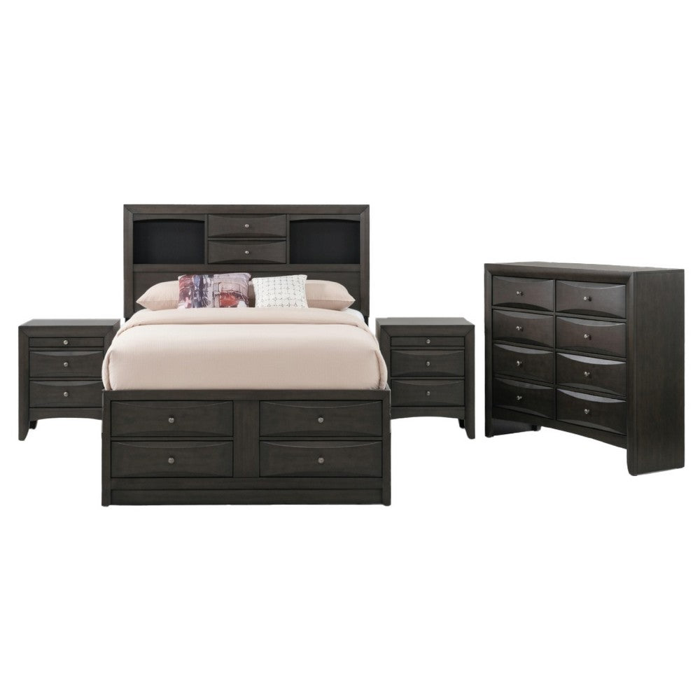 Queen Size Bedroom Set, Gray Finish, Storage Bed with Drawers, 4-Piece Set with Bed, 2 Nightstands and Dresser