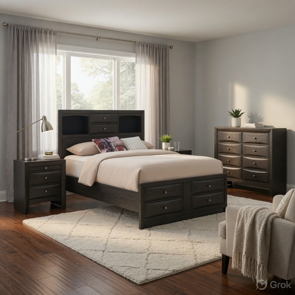Queen Size Bedroom Set, Gray Finish, Storage Bed with Drawers, 4-Piece Set with Bed, 2 Nightstands and Dresser