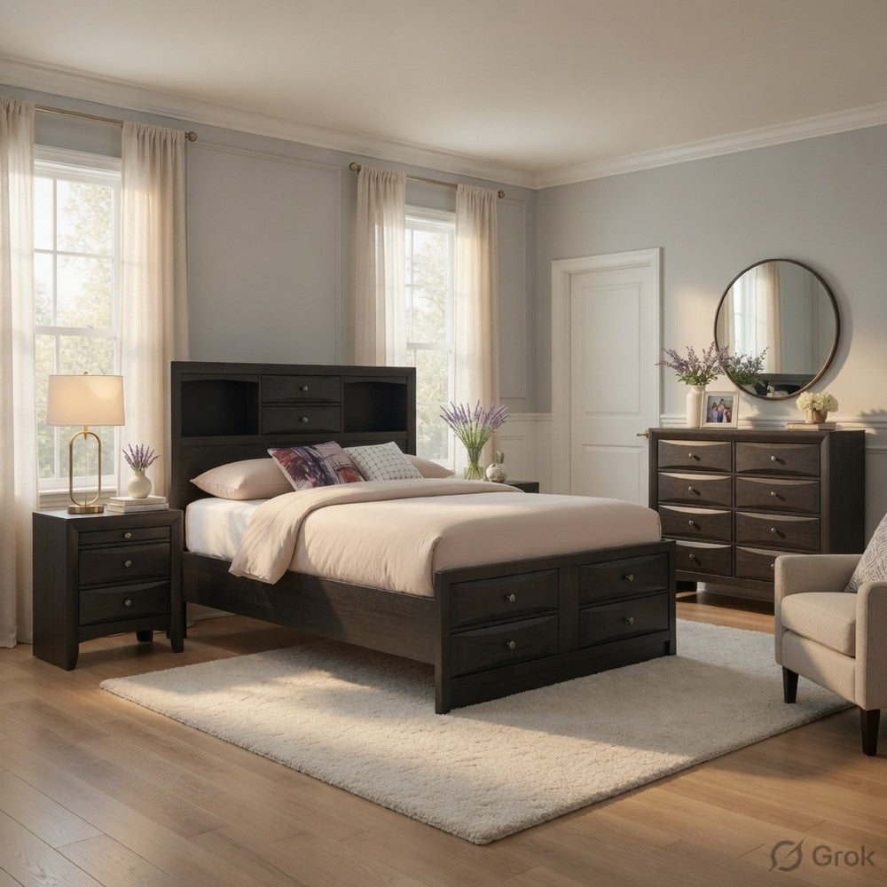 Queen Size Bedroom Set, Gray Finish, Storage Bed with Drawers, 4-Piece Set with Bed, 2 Nightstands and Dresser