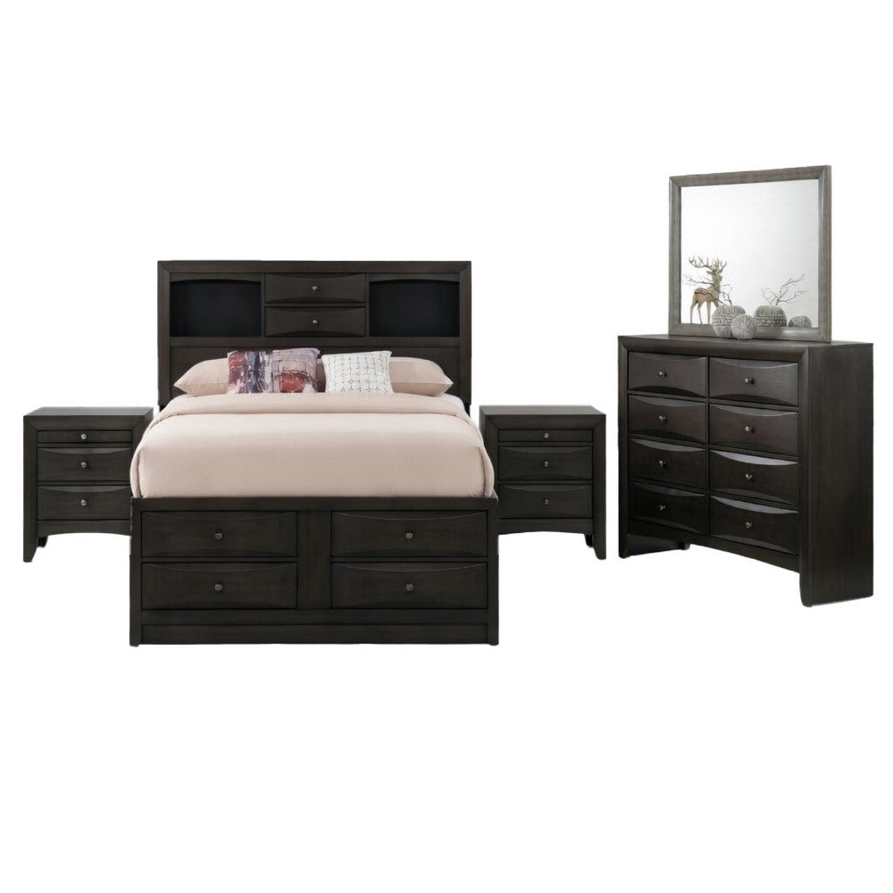 Queen Size Bedroom Set, Wood Design, Gray Finish, 5-Piece Set with Bed, 2 Nightstands, Dresser and Mirror