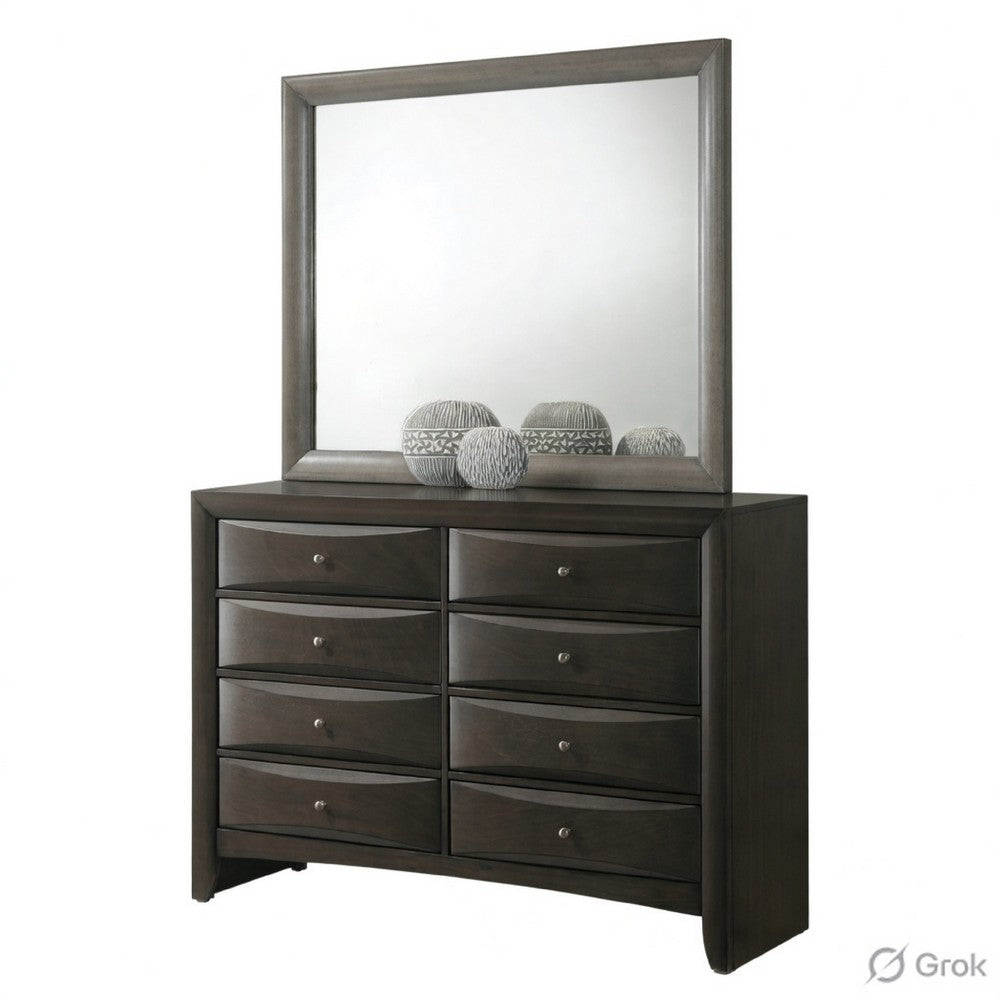 Queen Size Bedroom Set, Wood Design, Gray Finish, 5-Piece Set with Bed, 2 Nightstands, Dresser and Mirror