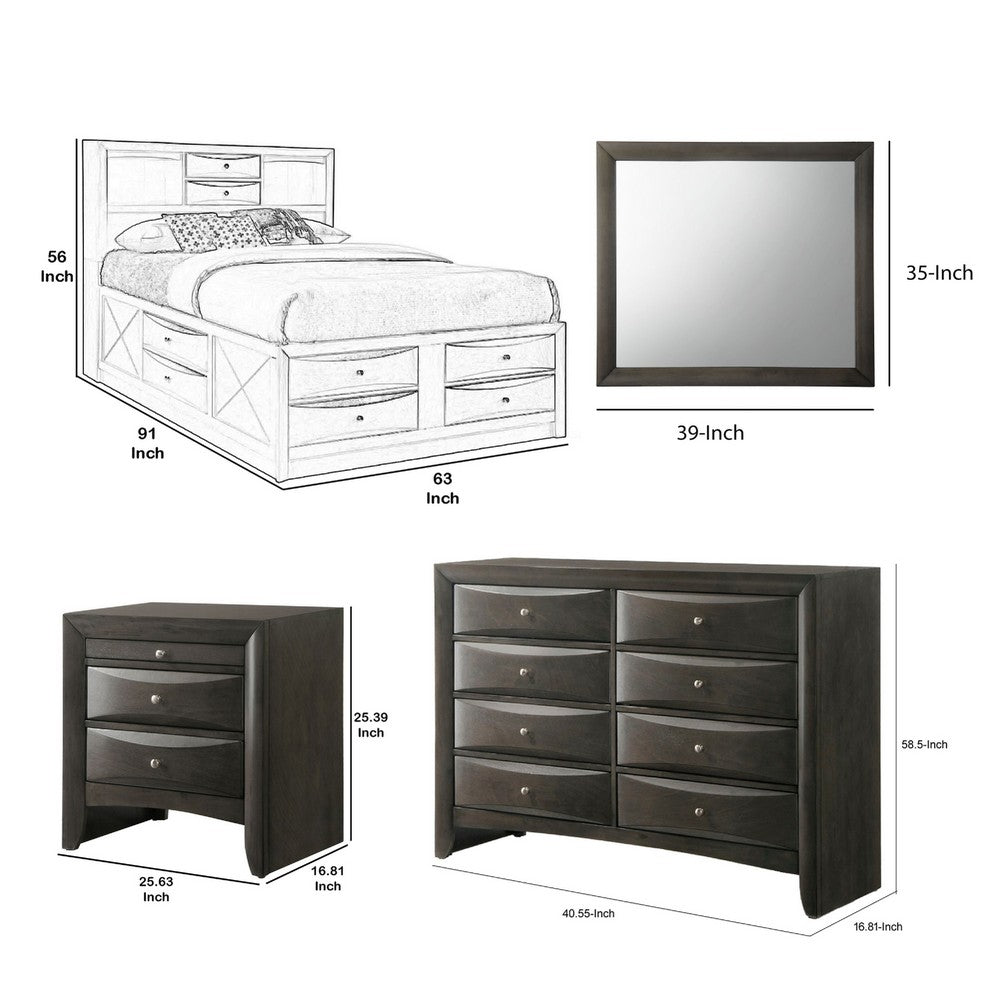 Queen Size Bedroom Set, Wood Design, Gray Finish, 5-Piece Set with Bed, 2 Nightstands, Dresser and Mirror