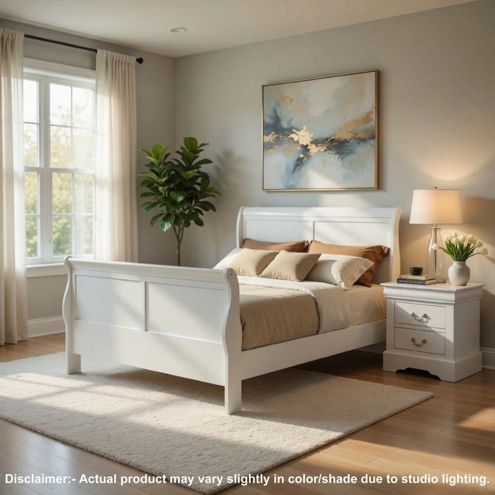 Queen Size Bedroom Set, White Finish, 2-Piece Set with Bed, 1 Nightstand