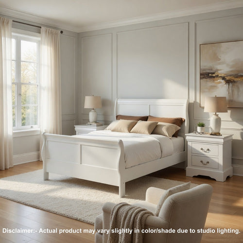 Queen Size Bedroom Set, White Finish, 3-Piece Set with Bed and 2 Nightstand