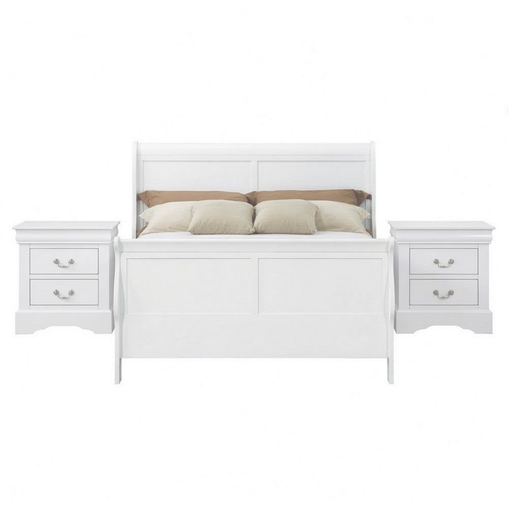 Queen Size Bedroom Set, White Finish, 3-Piece Set with Bed and 2 Nightstand