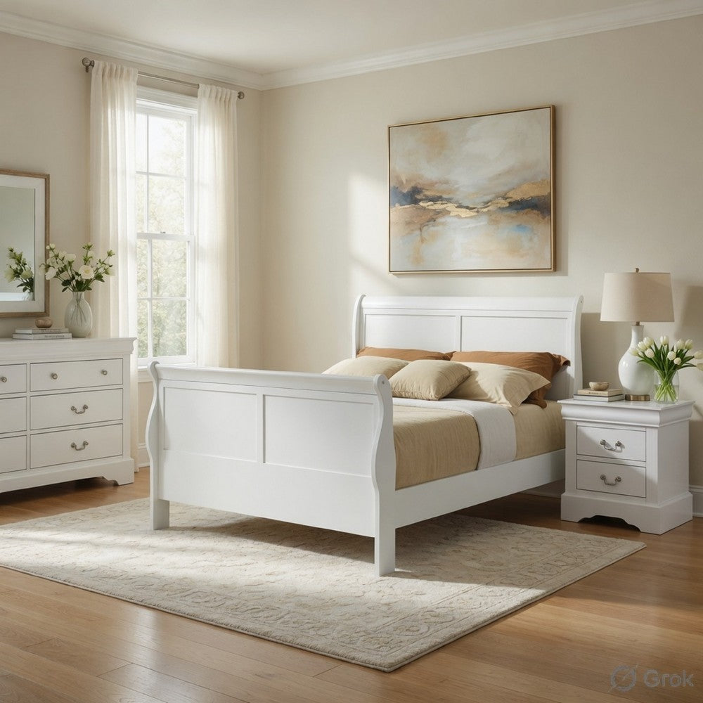 Queen Size Bedroom Set, White Finish, 3-Piece Set with Bed and Two Nightstands