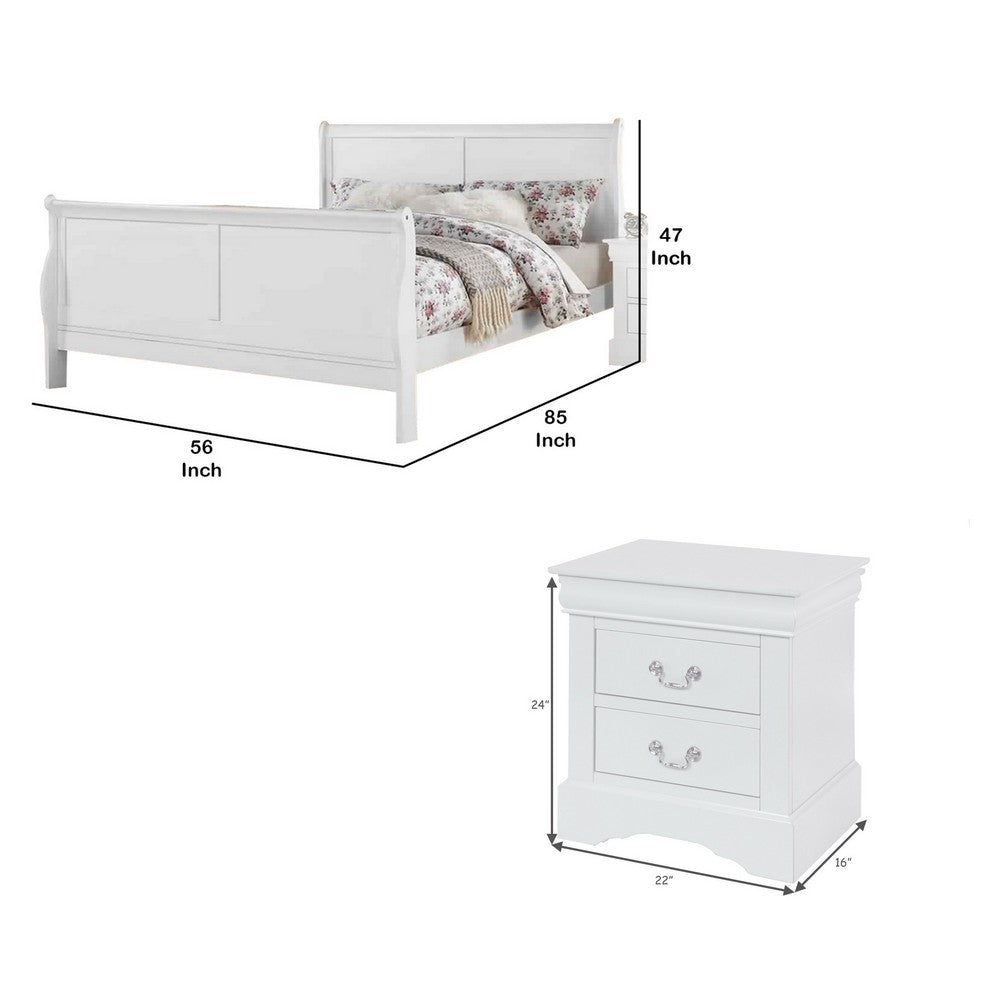 Full Size Bedroom Set, White Finish, 3-Piece Set with Bed and 2 Nightstands