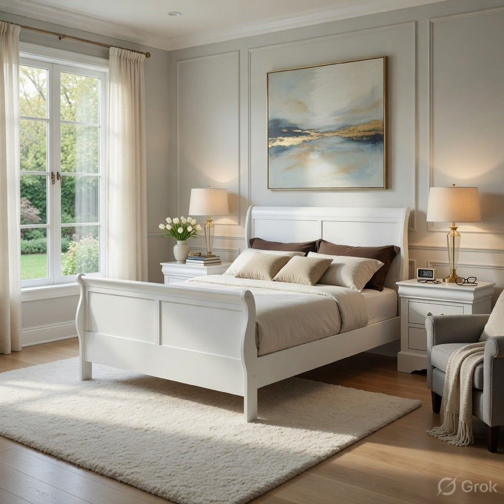 Full Size Bedroom Set, White Finish, 2-Piece Set with Bed and Nightstand