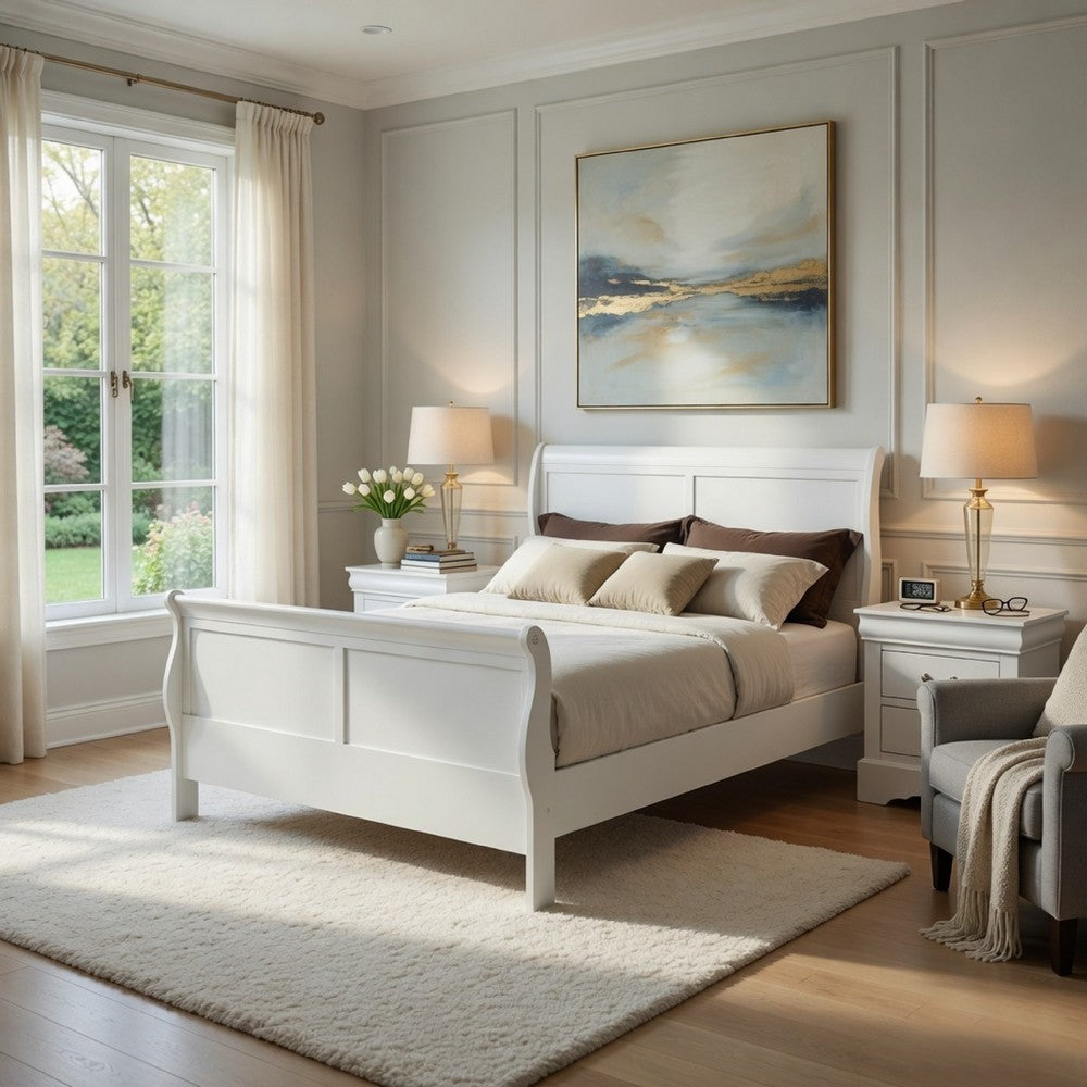 Full Size Bedroom Set, White Finish, 3-Piece Set with Bed and 2 Nightstands