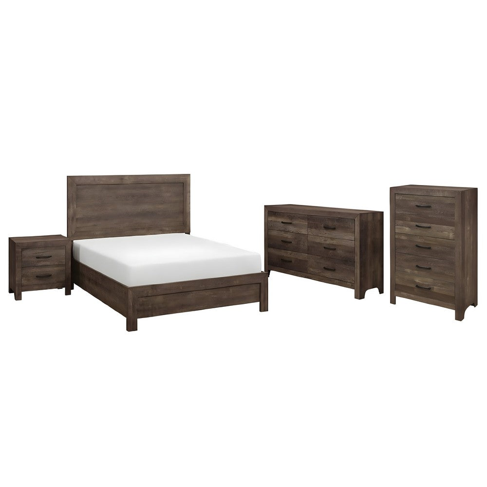 Queen Size Bedroom Set, Brown Finish, Panel Design, 4-Piece Set with Bed, Nightstands, Dresser and Chest