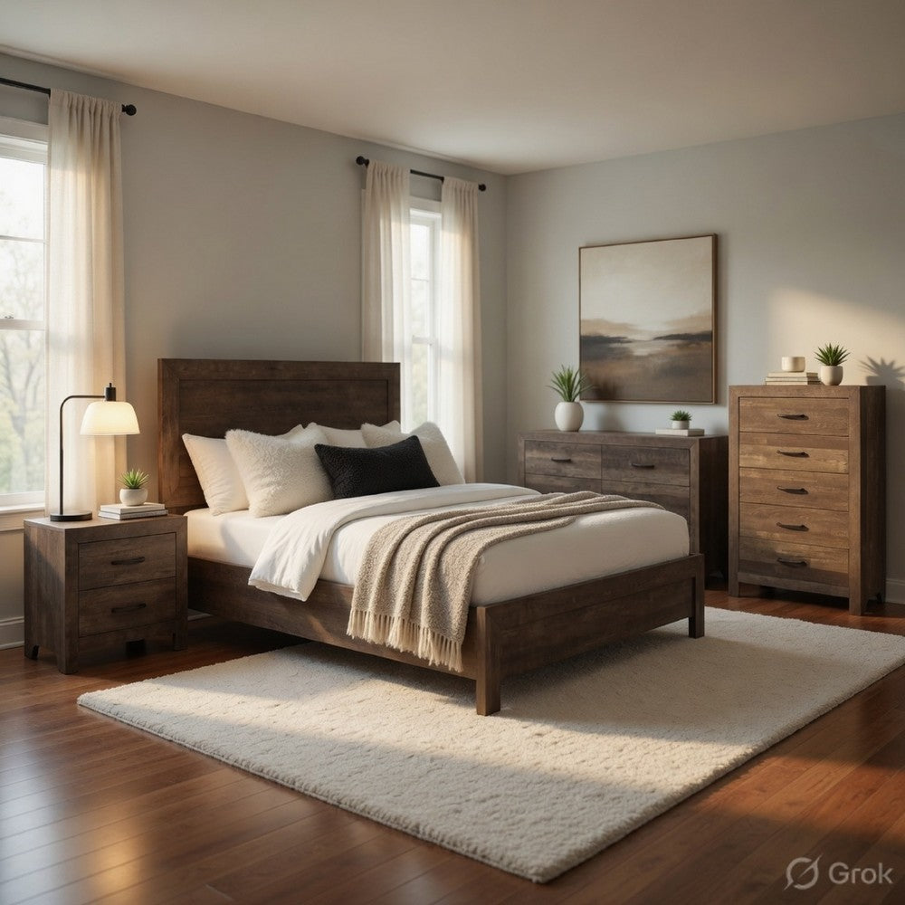 Queen Size Bedroom Set, Brown Finish, Panel Design, 5-Piece Set with Bed, 2 Nightstands, Dresser and Chest