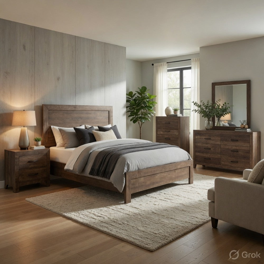 Queen Size Bedroom Set, Brown Finish, Panel Design, 5-Piece Set with Bed, 2 Nightstands, Dresser and Chest