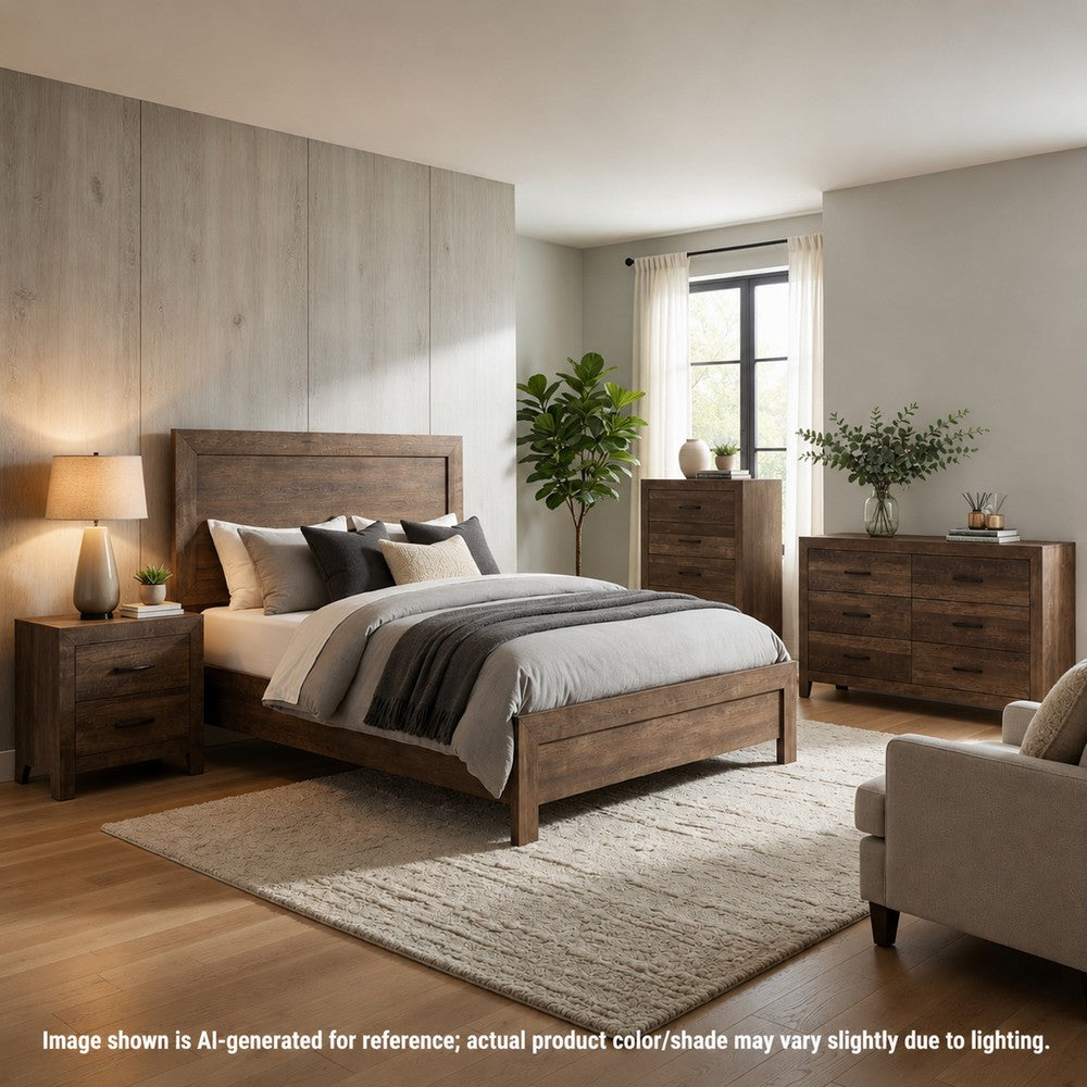 Queen Size Bedroom Set, Brown Finish, Panel Design, 4-Piece Set with Bed, Nightstands, Dresser and Chest