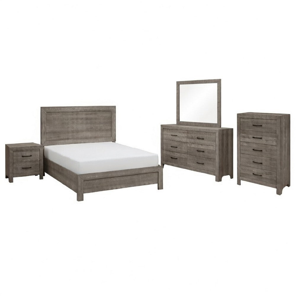Queen Size Bedroom Set, Brown Finish, Panel Design, 4-Piece Set with Bed, Nightstand, Dresser and Chest