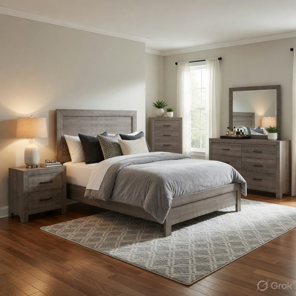 Queen Size Bedroom Set, Brown Finish, Panel Design, 4-Piece Set with Bed, Nightstand, Dresser and Chest