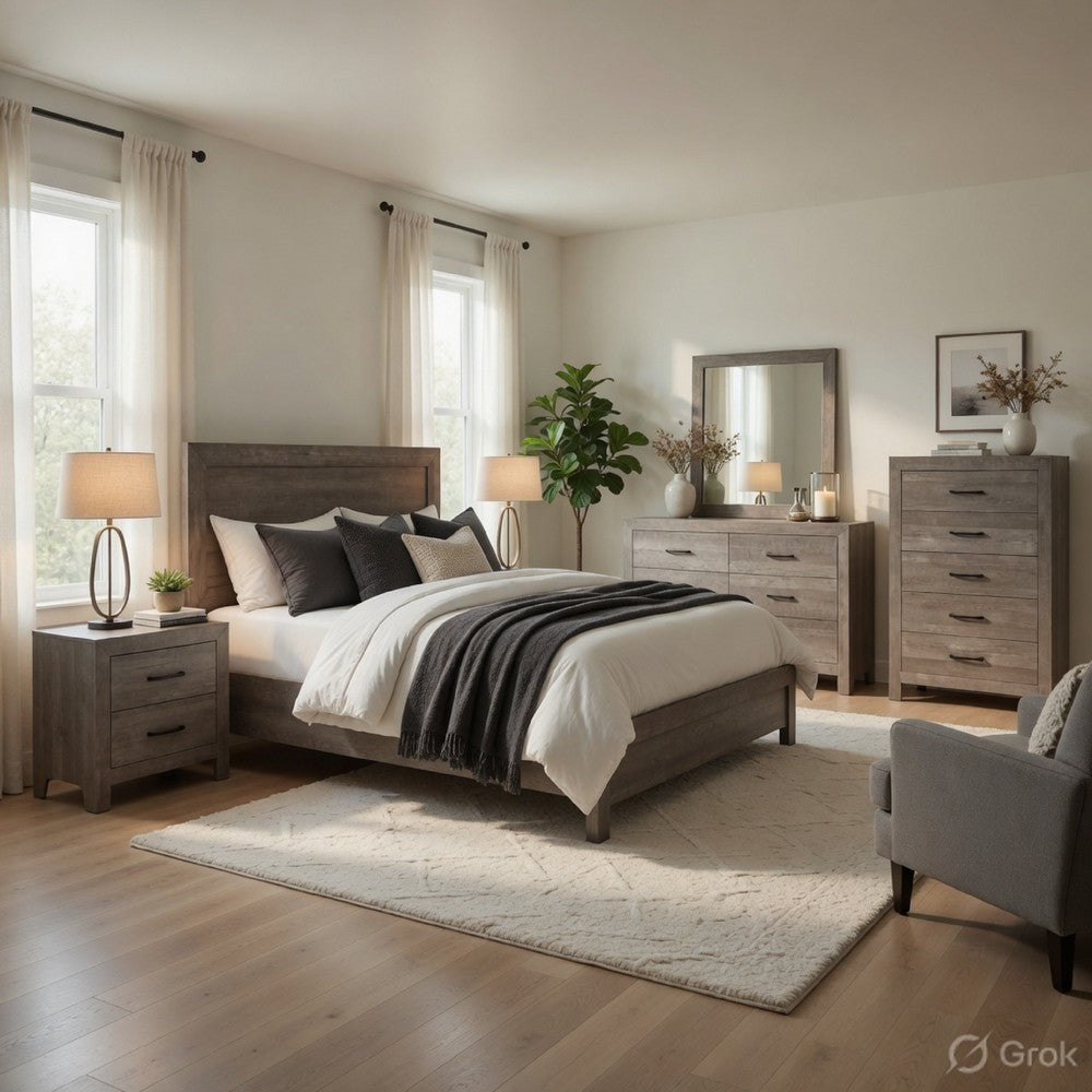 Full Size Bedroom Set, Gray Finish, 5-Piece Set with Bed, Nightstand, 2 Dressers and Mirror