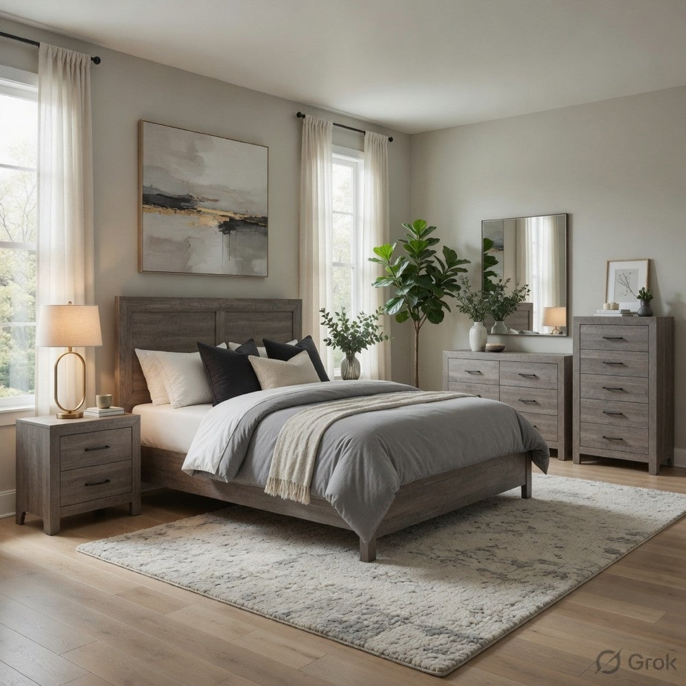 Queen Size Bedroom Set, Gray Finish, Panel Headboard, 5-Piece Set with Bed, 2 Nightstands, Dresser and Chest