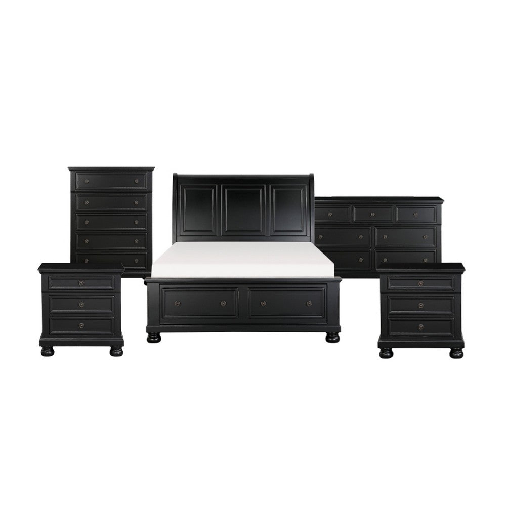 Queen Size Bedroom Set, Black Finish, Panel Headboard, 5-Piece Set with Bed, 2 Nightstands, Dresser and Chest