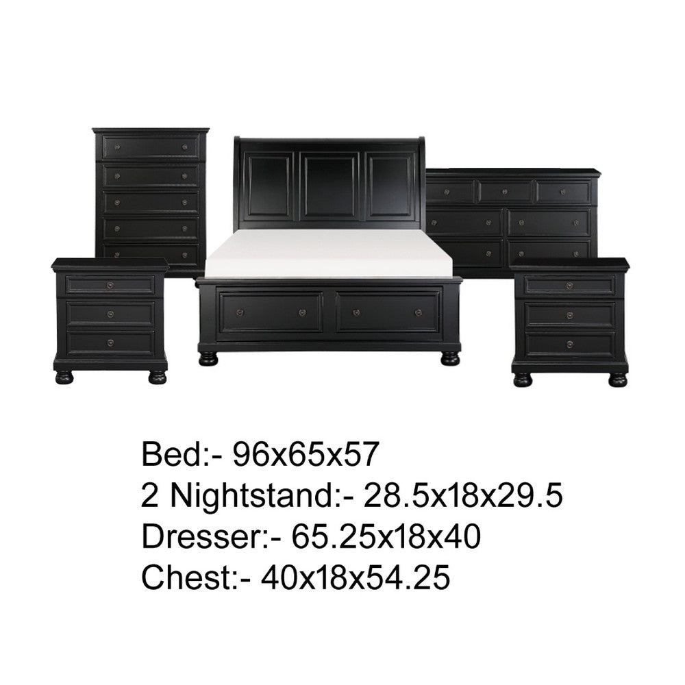 Queen Size Bedroom Set, Black Finish, Panel Headboard, 5-Piece Set with Bed, 2 Nightstands, Dresser and Chest