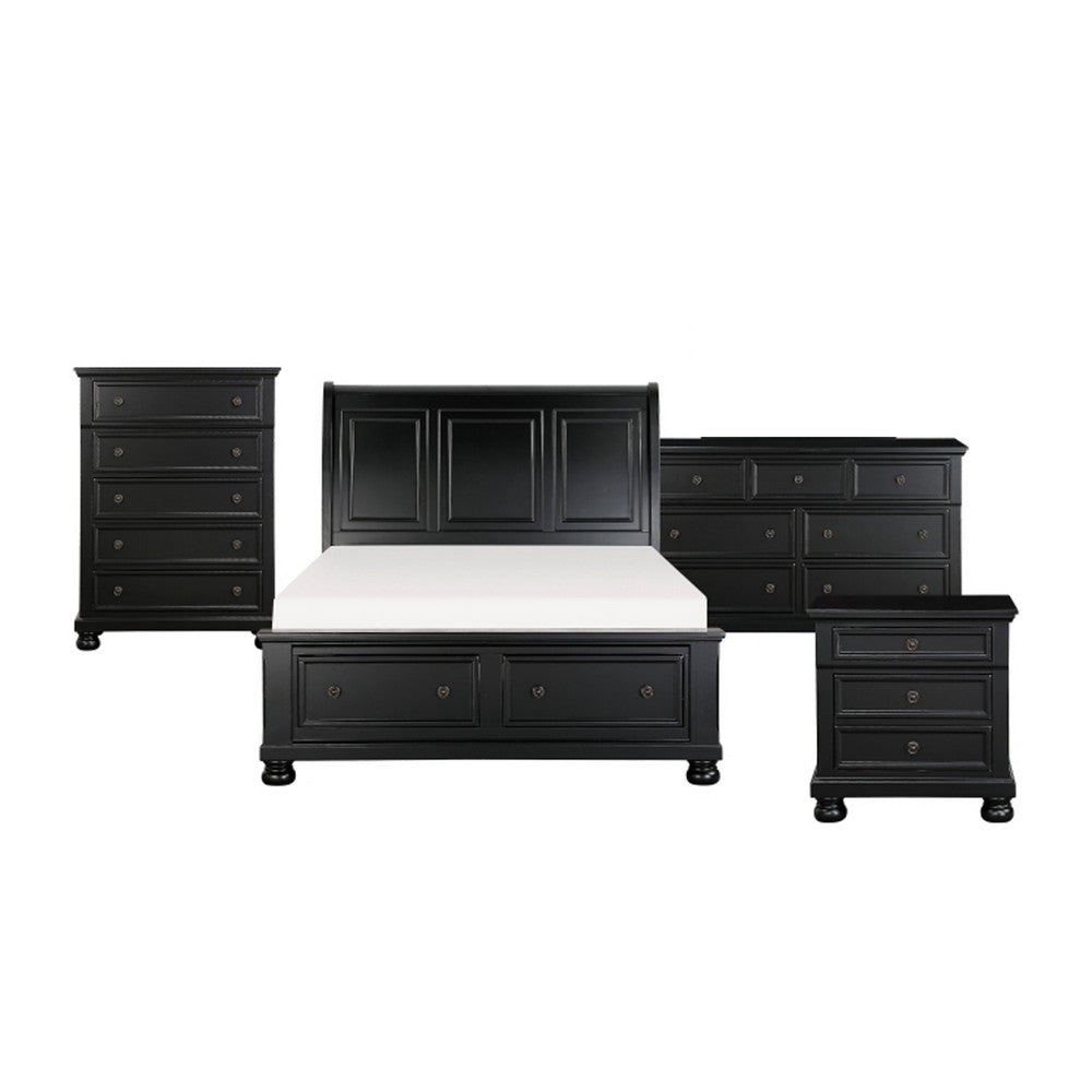 Queen Size Bedroom Set, Traditional Carved Wood Design, Black Finish, 4-Piece Set with Bed, Nightstands and Dresser