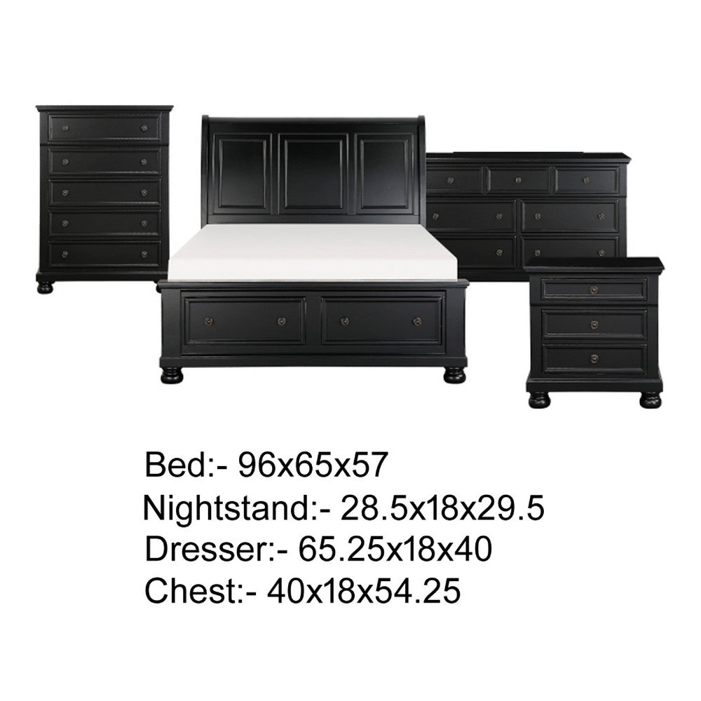 Queen Size Bedroom Set, Traditional Carved Wood Design, Black Finish, 4-Piece Set with Bed, Nightstands and Dresser