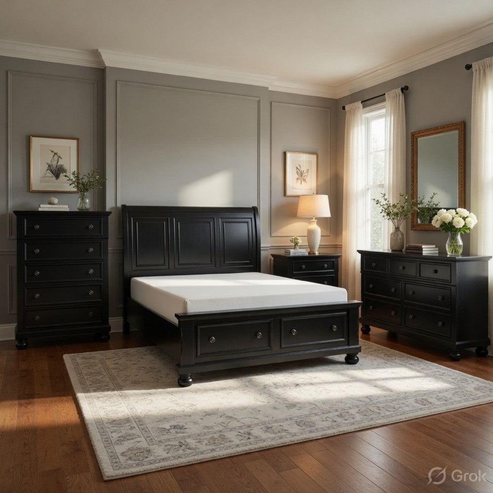 Queen Size Bedroom Set, Traditional Carved Wood Design, Black Finish, 4-Piece Set with Bed, Nightstands and Dresser