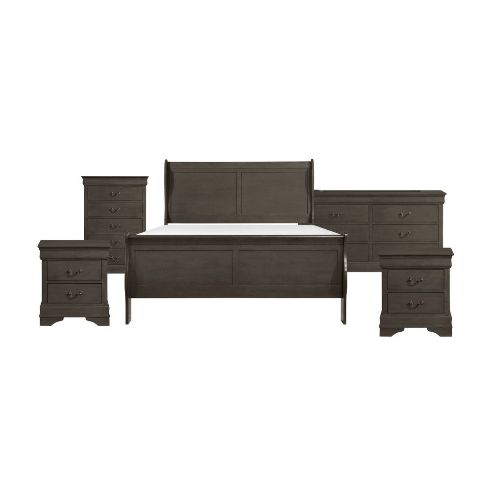 Queen Size Bedroom Set, Gray Finish, Panel Headboard, 5-Piece Set with Bed, 2 Nightstands, Dresser and Chest