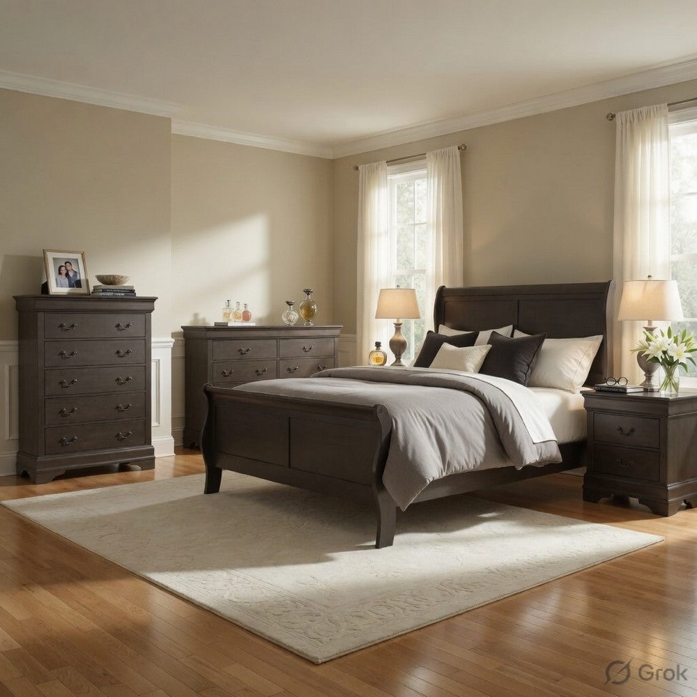 Queen Size Bedroom Set, Gray Finish, Panel Headboard, 5-Piece Set with Bed, 2 Nightstands, Dresser and Chest