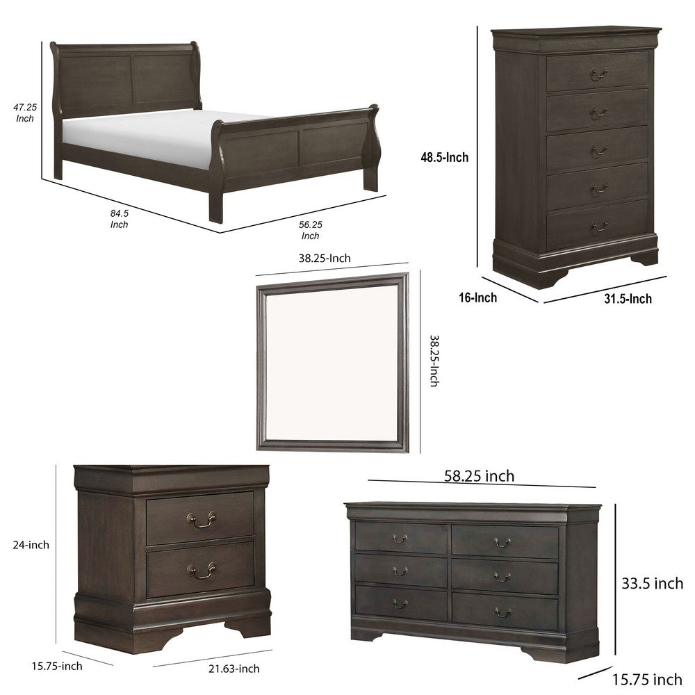 Full Size Bedroom Set, Gray Finish, 5-Piece Set with Bed, Dresser, Mirror, Chest and Nightstand
