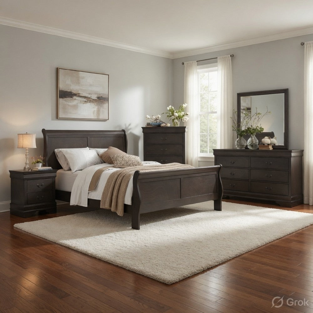 Full Size Bedroom Set, Gray Finish, 5-Piece Set with Bed, Dresser, Mirror, Chest and Nightstand