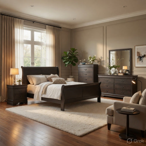 Full Size Bedroom Set, Gray Finish, 5-Piece Set with Bed, Dresser, Mirror, Chest and Nightstand