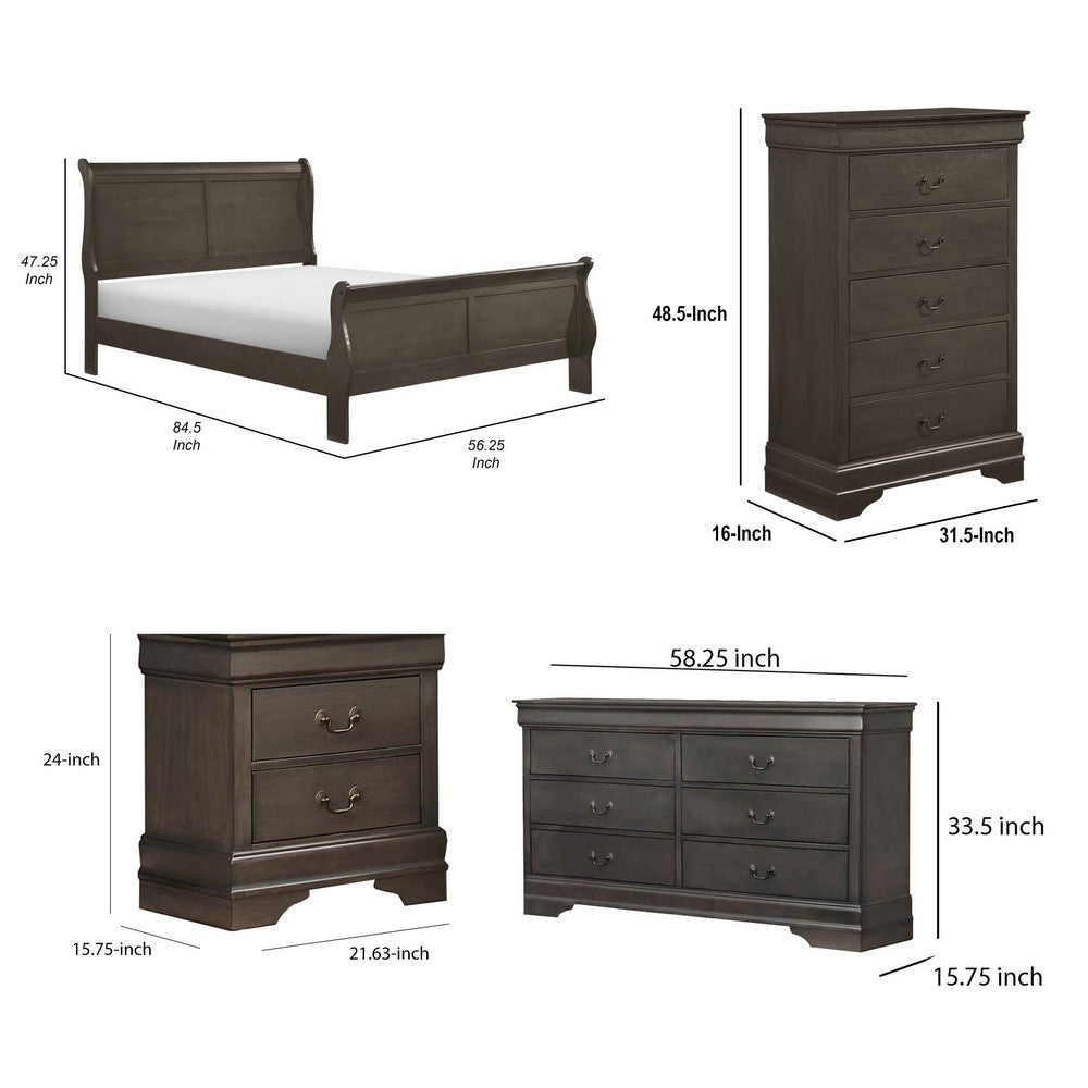 Full Size Bedroom Set, Traditional Carved Wood Design, Gray Finish, 4-Piece Set with Bed, Nightstands and Dresser
