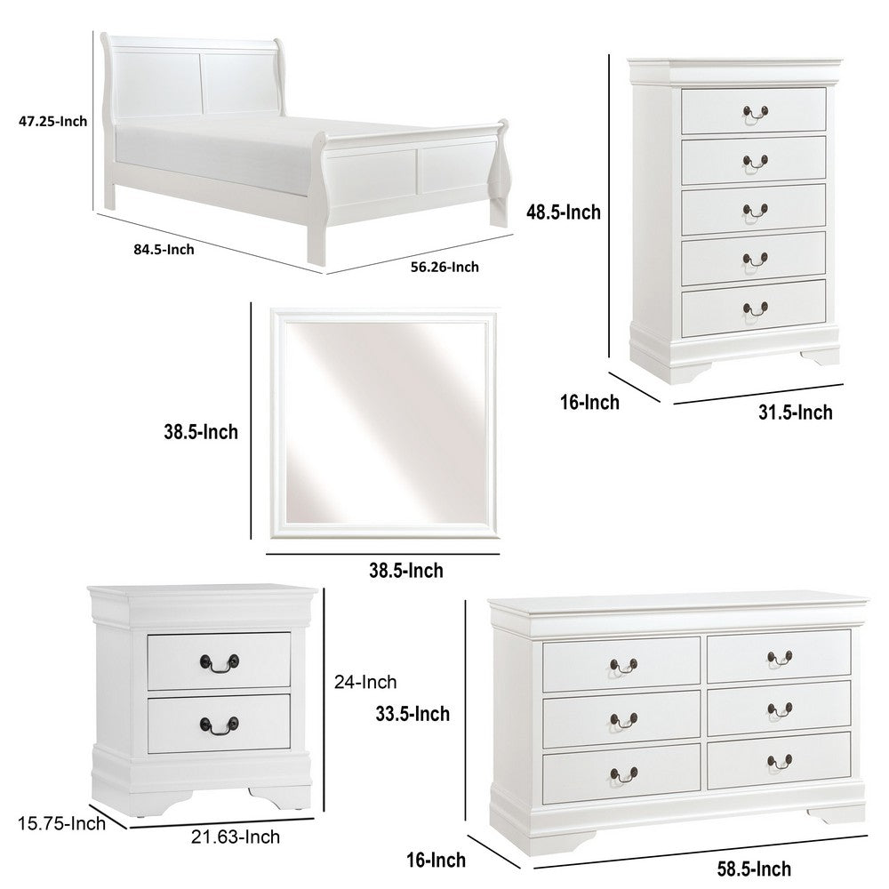 Full Size Bedroom Set, White Finish, 5-Piece Set with Bed, Dresser, Mirror, Chest and Nightstand