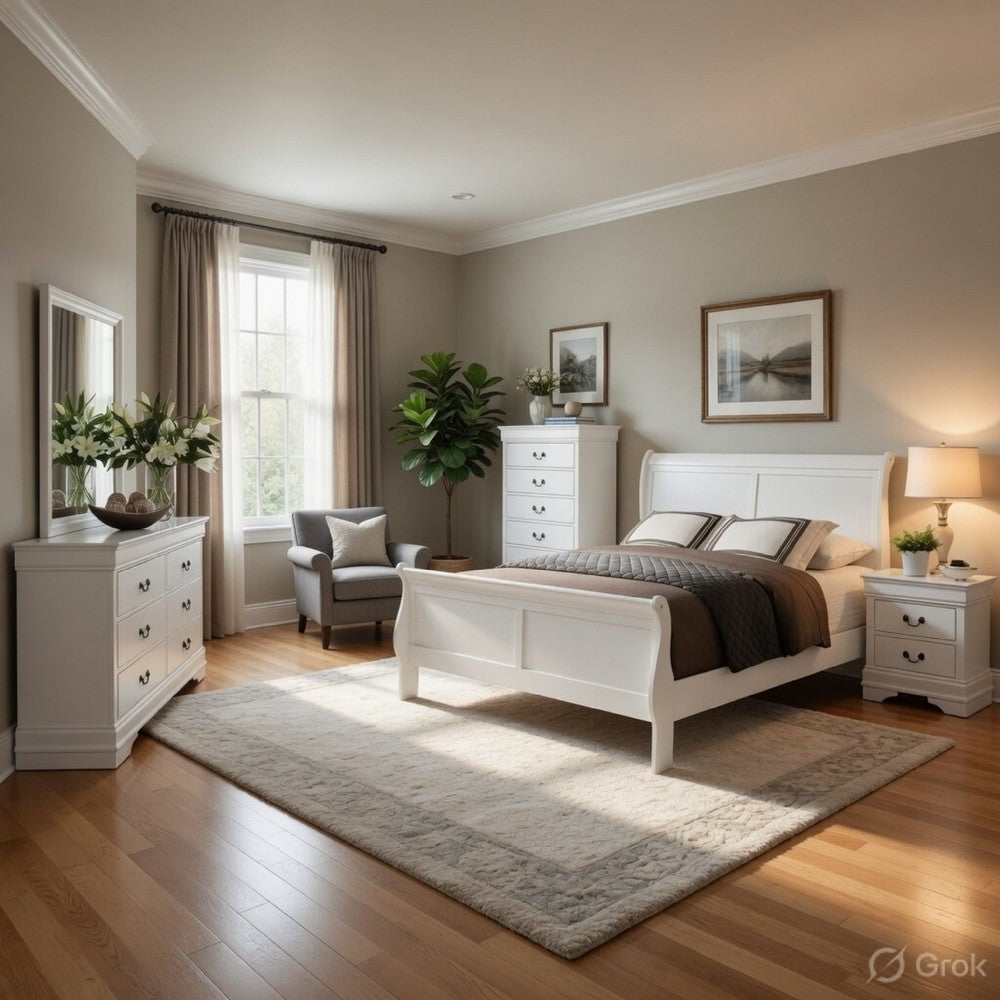 Full Size Bedroom Set, White Finish, 5-Piece Set with Bed, Dresser, Mirror, Chest and Nightstand