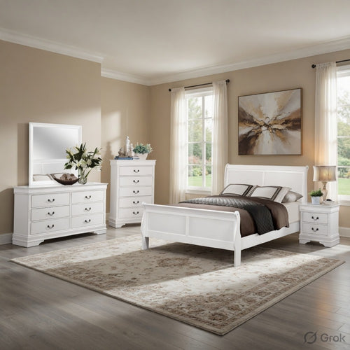 Full Size Bedroom Set, White Finish, 5-Piece Set with Bed, Dresser, Mirror, Chest and Nightstand