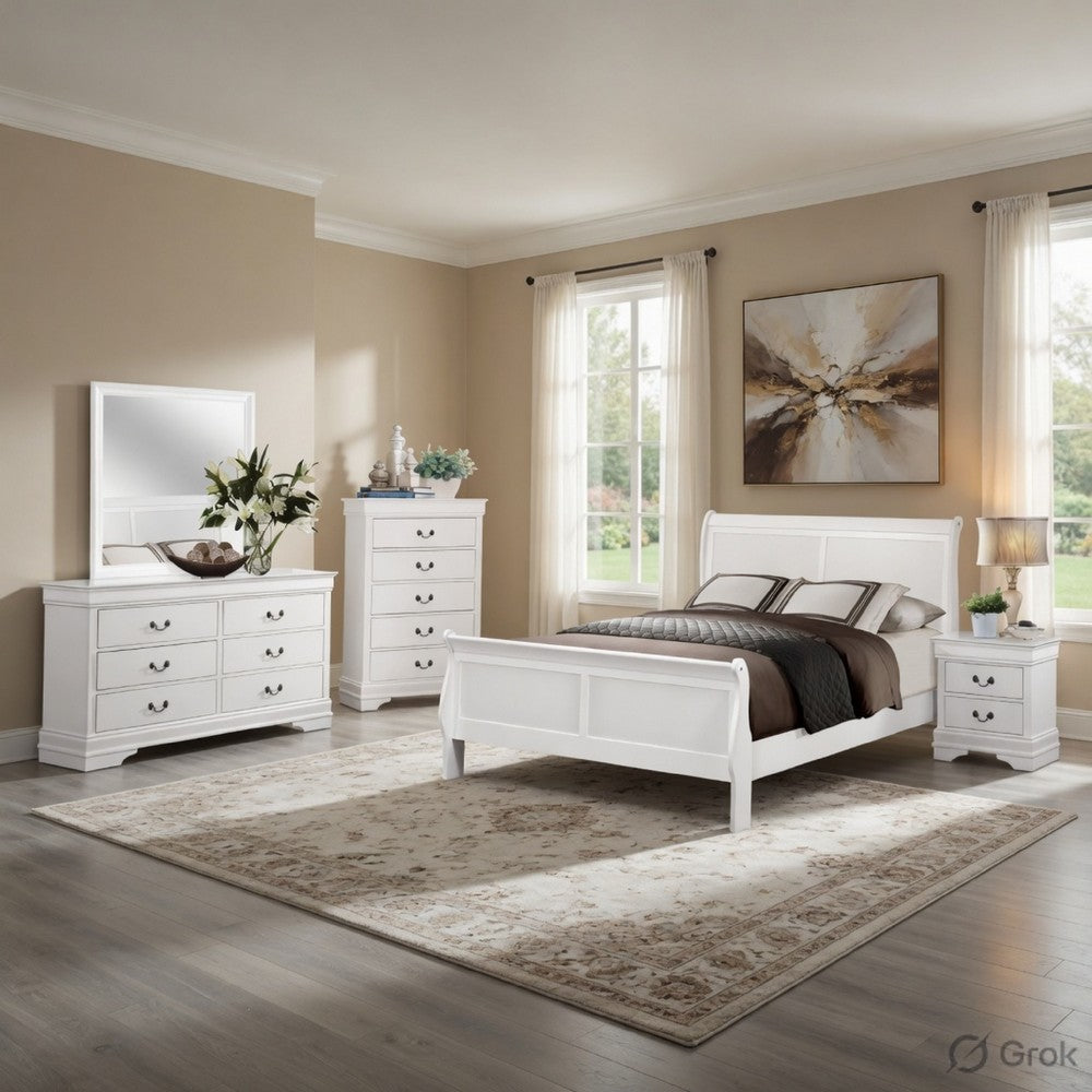 Full Size Bedroom Set, White Finish, 5-Piece Set with Bed, Dresser, Mirror, Chest and Nightstand
