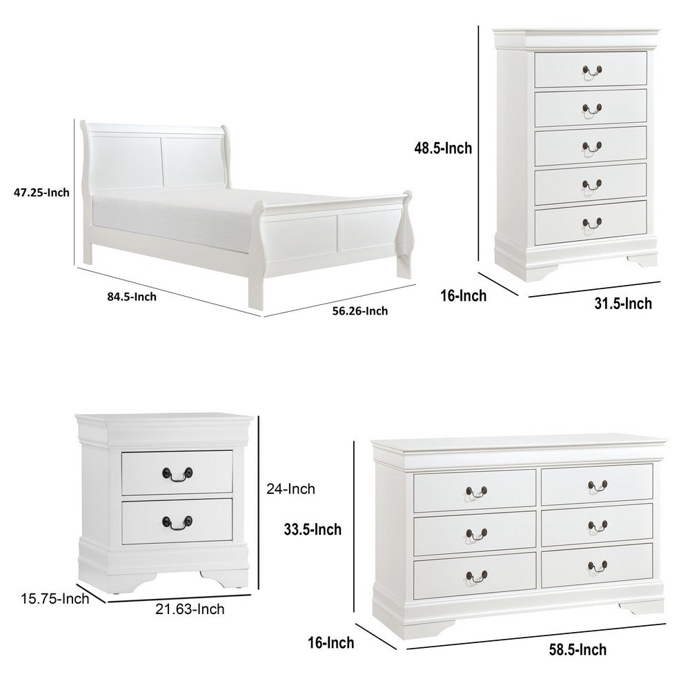 Full Size Bedroom Set, Traditional Carved Wood Design, White Finish, 4-Piece Set with Bed, Nightstands and Dresser