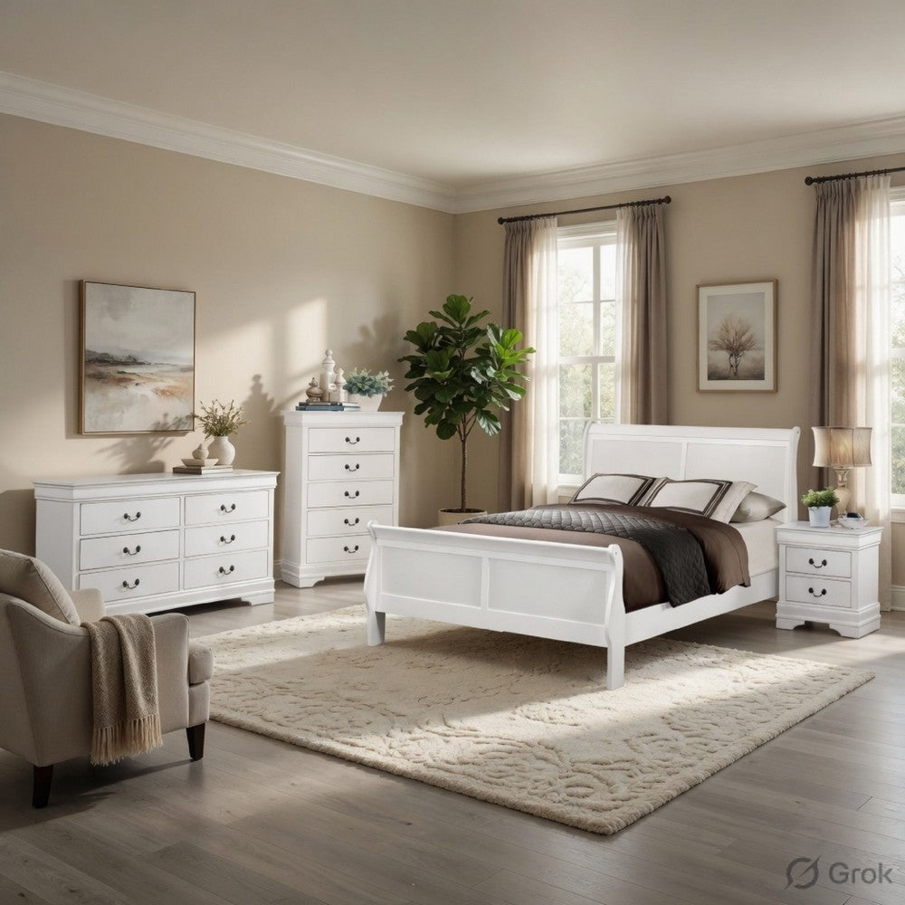 Full Size Bedroom Set, Traditional Carved Wood Design, White Finish, 4-Piece Set with Bed, Nightstands and Dresser