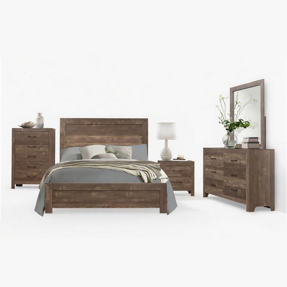 King Size Bedroom Set, Brown Finish, Panel Design, 5-Piece Set with Bed, 2 Nightstands, Dresser and Chest